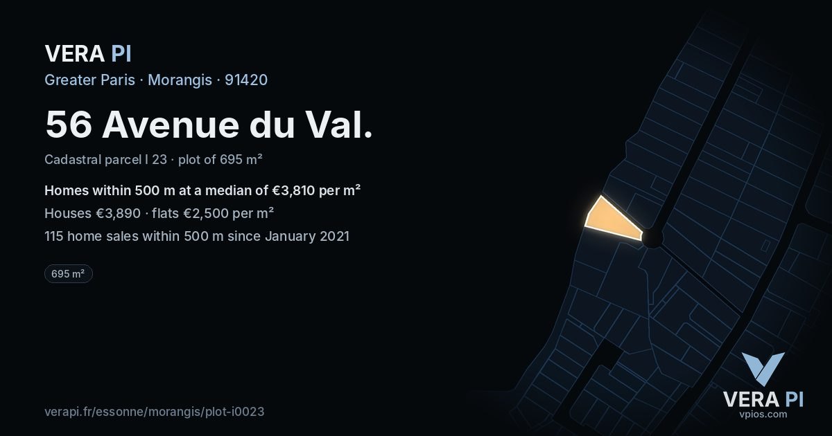 56 Avenue du Val, Morangis at night – the plot lit, the parcels around coloured by the prices near them