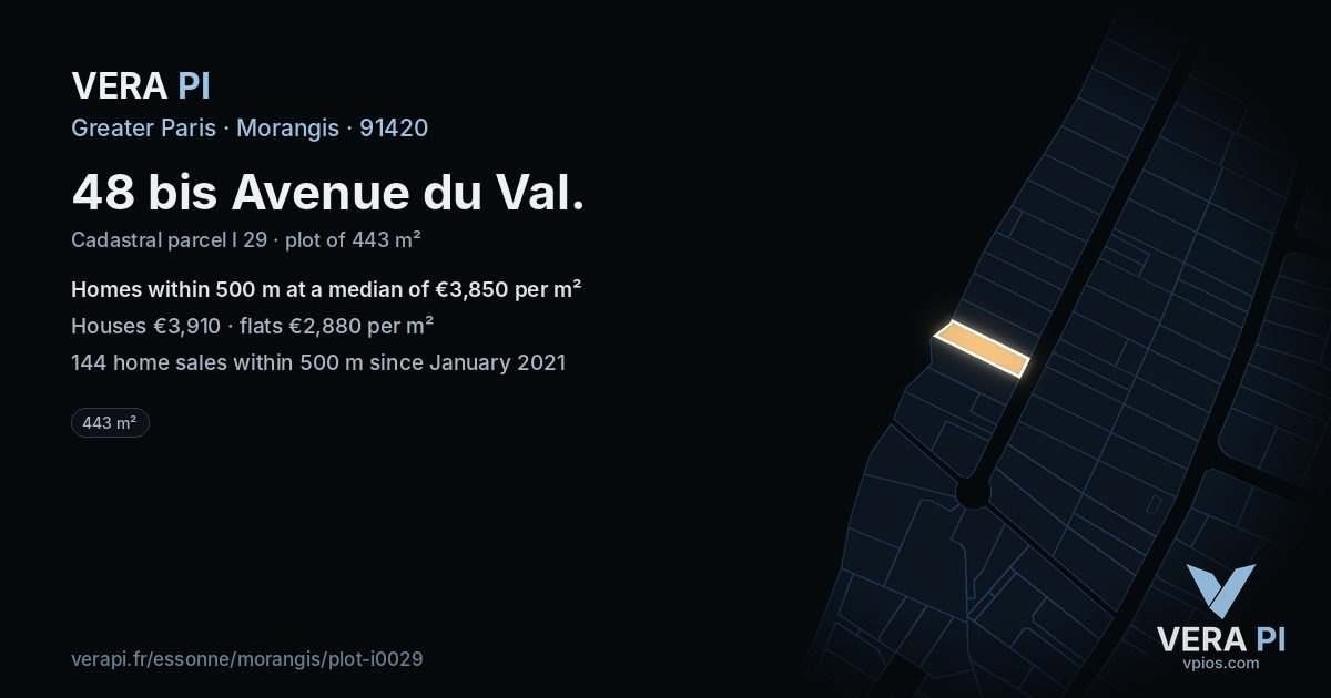 48 bis Avenue du Val, Morangis at night – the plot lit, the parcels around coloured by the prices near them