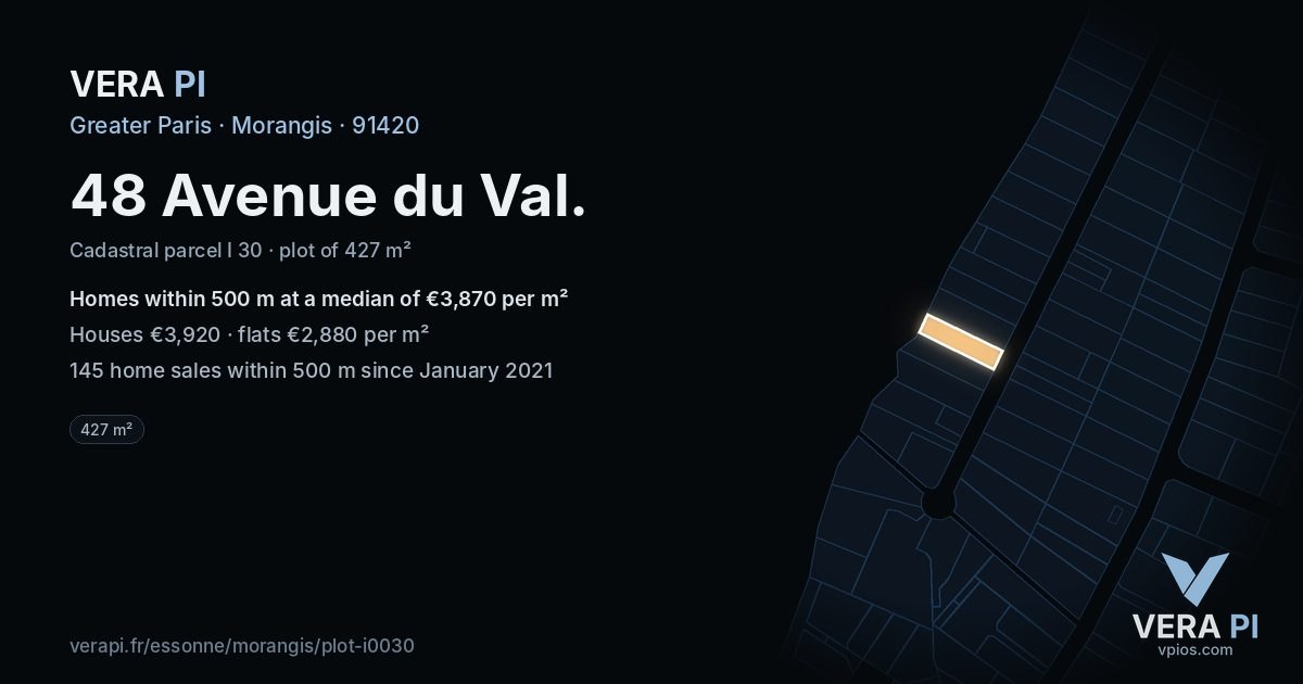48 Avenue du Val, Morangis at night – the plot lit, the parcels around coloured by the prices near them