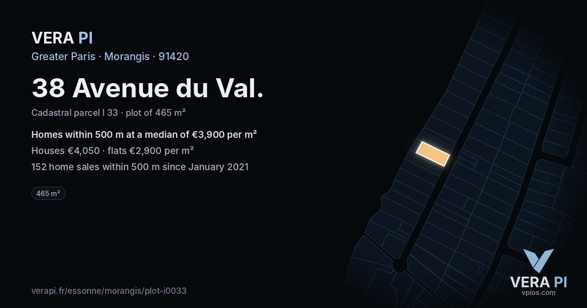 38 Avenue du Val, Morangis at night – the plot lit, the parcels around coloured by the prices near them