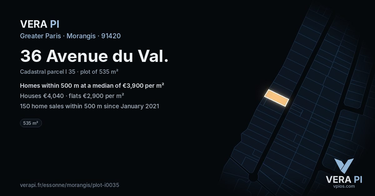36 Avenue du Val, Morangis at night – the plot lit, the parcels around coloured by the prices near them