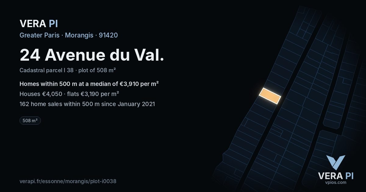 24 Avenue du Val, Morangis at night – the plot lit, the parcels around coloured by the prices near them