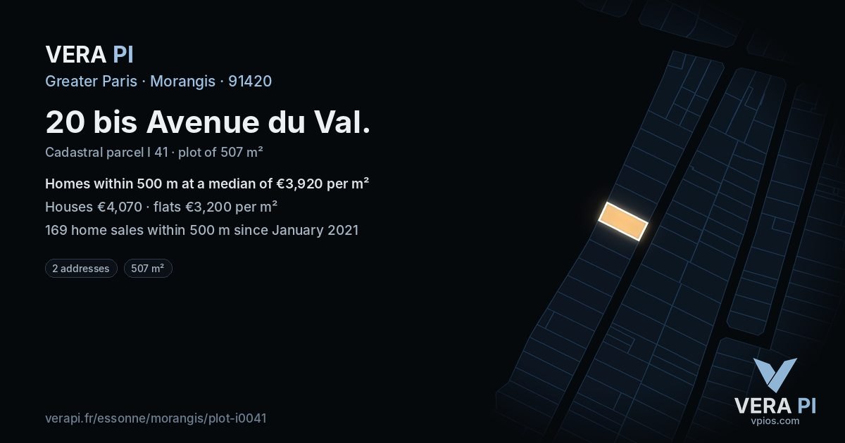 20 bis Avenue du Val, Morangis at night – the plot lit, the parcels around coloured by the prices near them