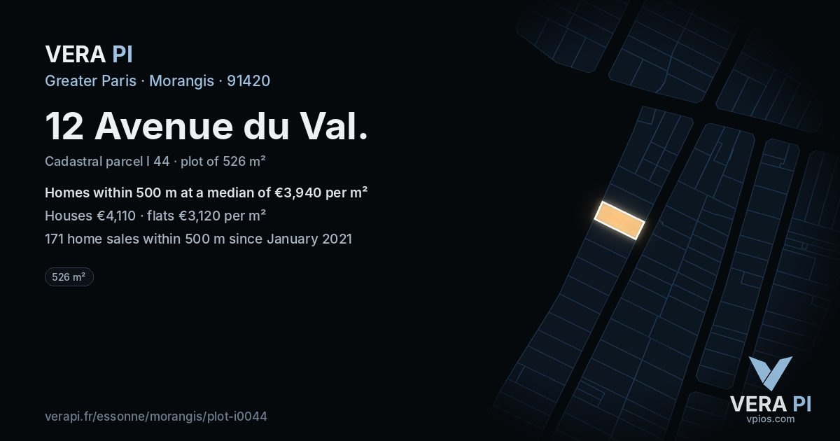 12 Avenue du Val, Morangis at night – the plot lit, the parcels around coloured by the prices near them