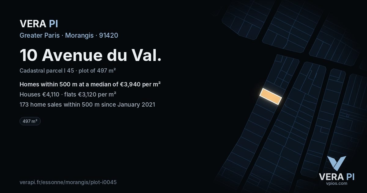10 Avenue du Val, Morangis at night – the plot lit, the parcels around coloured by the prices near them