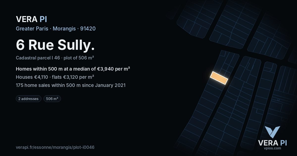 6 Rue Sully, Morangis at night – the plot lit, the parcels around coloured by the prices near them