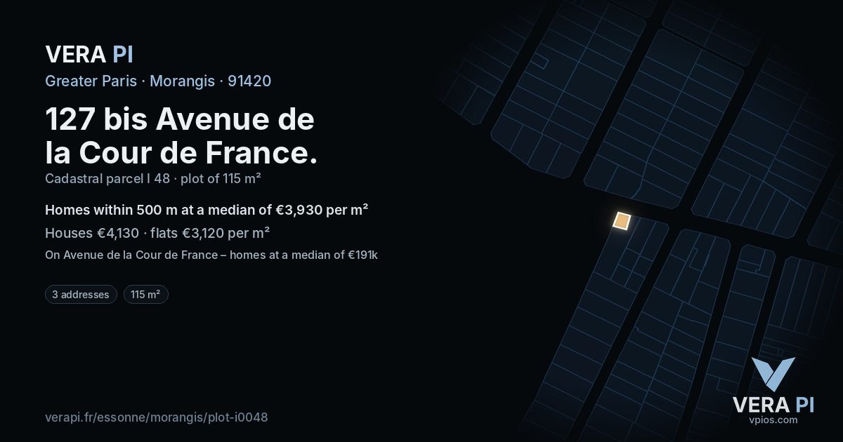 127 bis Avenue de la Cour de France, Morangis at night – the plot lit, the parcels around coloured by the prices near them