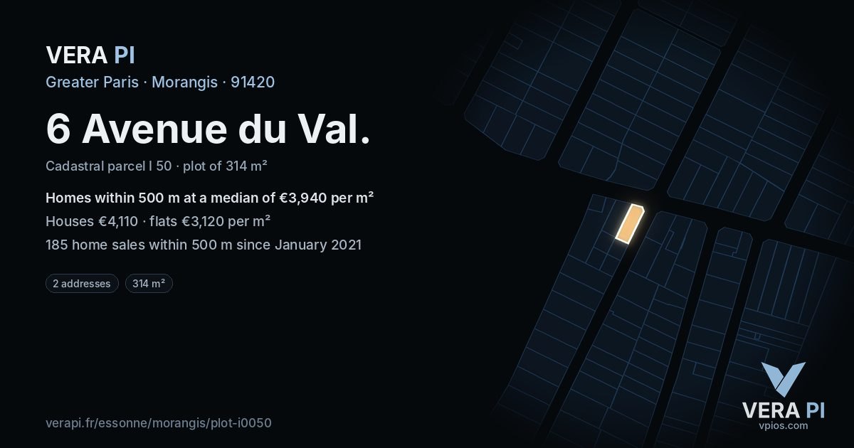 6 Avenue du Val, Morangis at night – the plot lit, the parcels around coloured by the prices near them