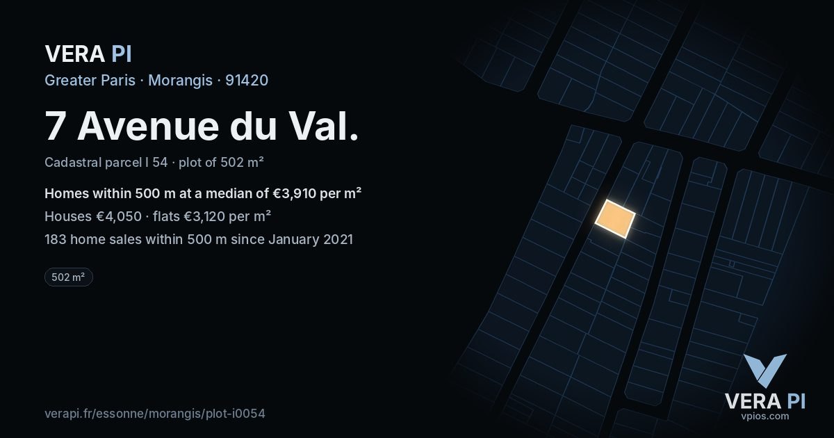 7 Avenue du Val, Morangis at night – the plot lit, the parcels around coloured by the prices near them