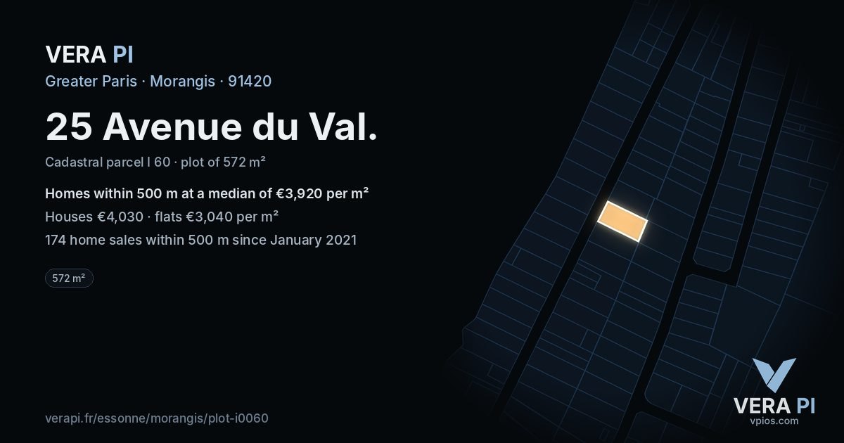 25 Avenue du Val, Morangis at night – the plot lit, the parcels around coloured by the prices near them