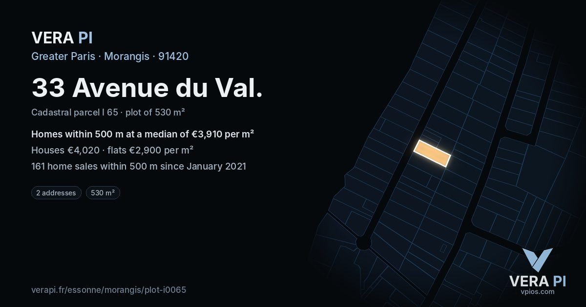 33 Avenue du Val, Morangis at night – the plot lit, the parcels around coloured by the prices near them