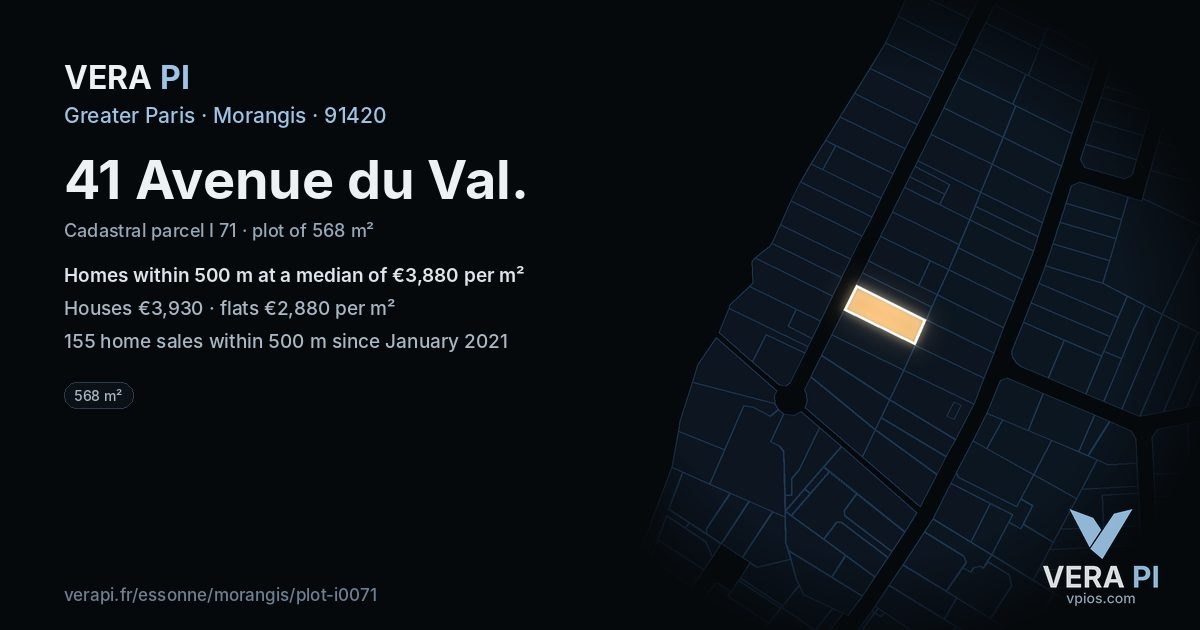 41 Avenue du Val, Morangis at night – the plot lit, the parcels around coloured by the prices near them