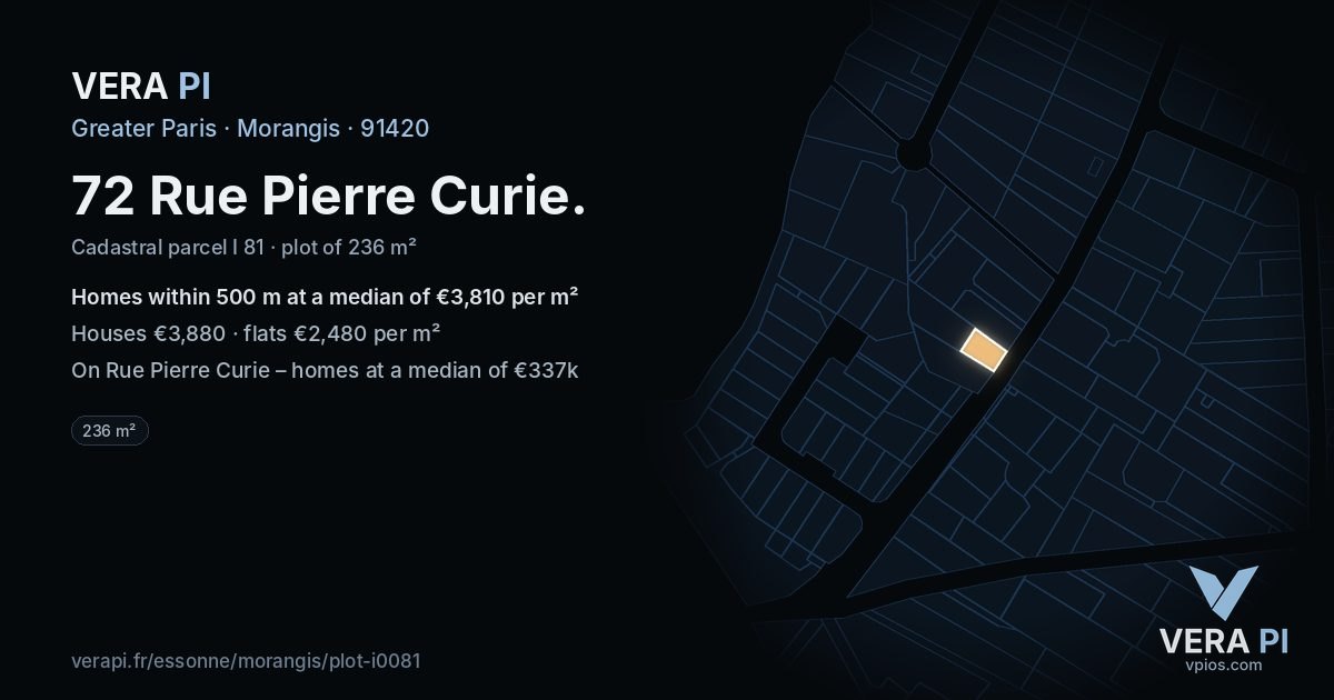 72 Rue Pierre Curie, Morangis at night – the plot lit, the parcels around coloured by the prices near them