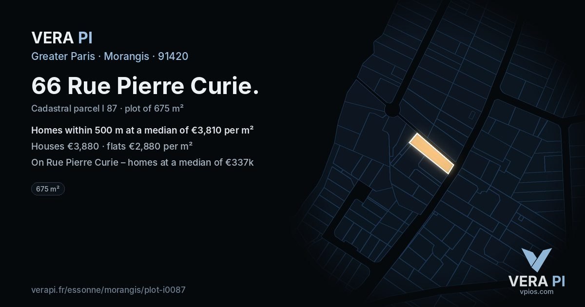 66 Rue Pierre Curie, Morangis at night – the plot lit, the parcels around coloured by the prices near them