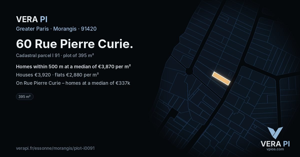 60 Rue Pierre Curie, Morangis at night – the plot lit, the parcels around coloured by the prices near them