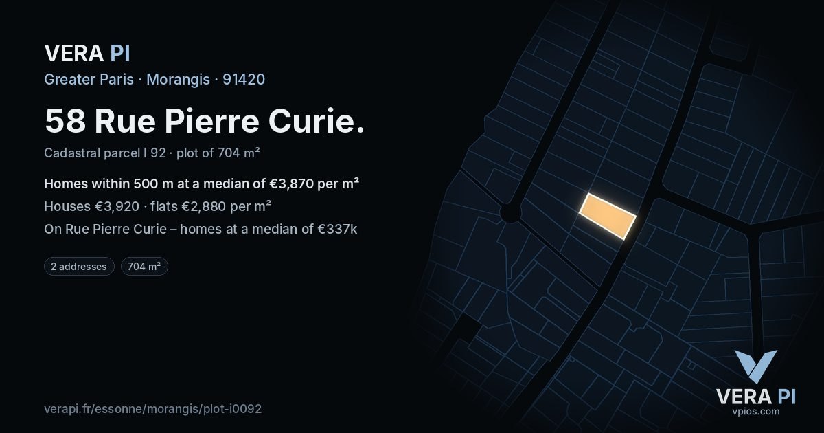 58 Rue Pierre Curie, Morangis at night – the plot lit, the parcels around coloured by the prices near them