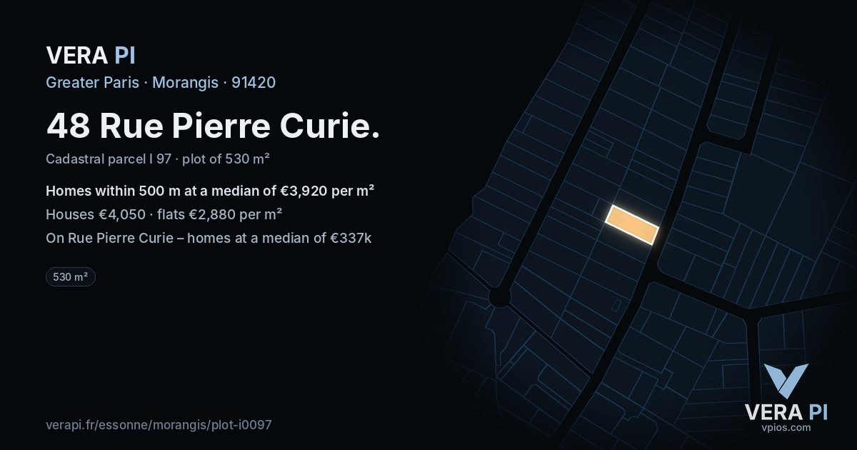 48 Rue Pierre Curie, Morangis at night – the plot lit, the parcels around coloured by the prices near them