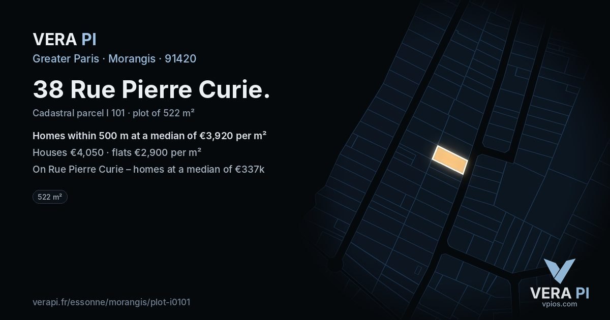 38 Rue Pierre Curie, Morangis at night – the plot lit, the parcels around coloured by the prices near them