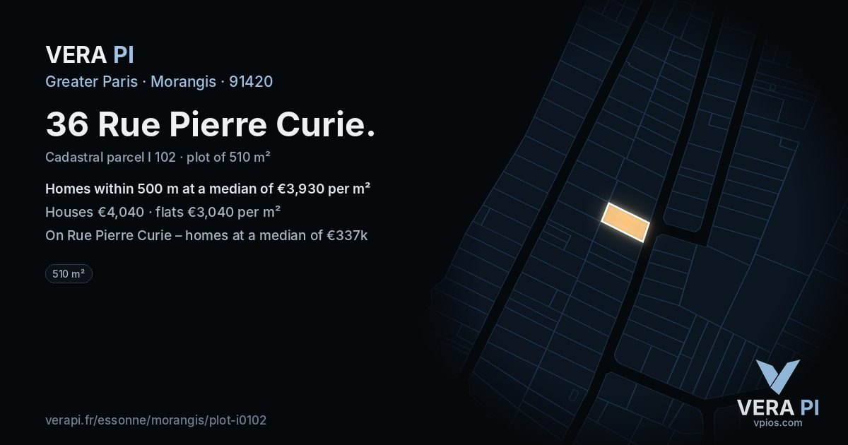 36 Rue Pierre Curie, Morangis at night – the plot lit, the parcels around coloured by the prices near them