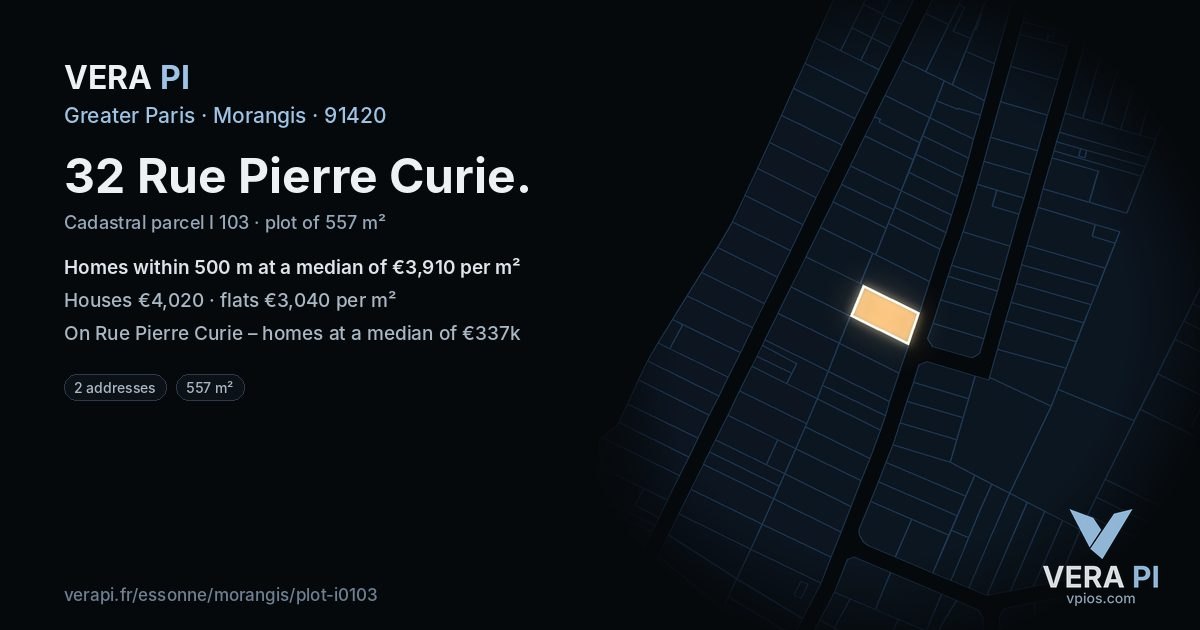 32 Rue Pierre Curie, Morangis at night – the plot lit, the parcels around coloured by the prices near them