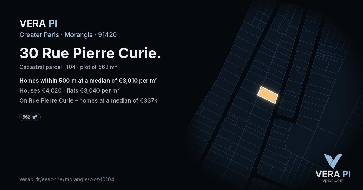 30 Rue Pierre Curie, Morangis at night – the plot lit, the parcels around coloured by the prices near them
