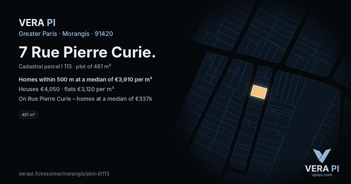7 Rue Pierre Curie, Morangis at night – the plot lit, the parcels around coloured by the prices near them