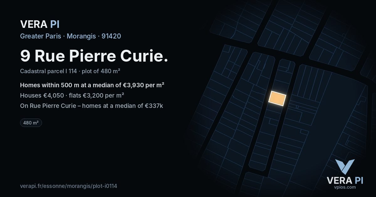 9 Rue Pierre Curie, Morangis at night – the plot lit, the parcels around coloured by the prices near them