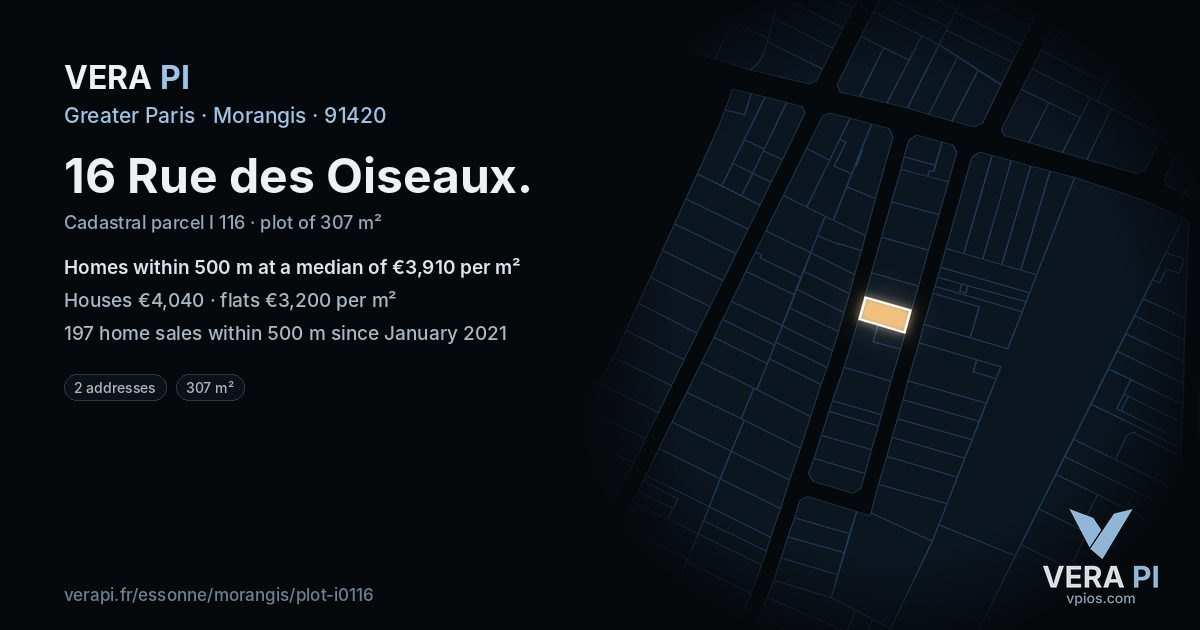 16 Rue des Oiseaux, Morangis at night – the plot lit, the parcels around coloured by the prices near them