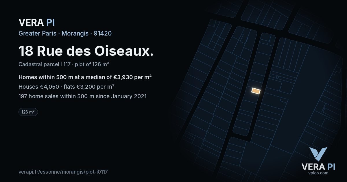 18 Rue des Oiseaux, Morangis at night – the plot lit, the parcels around coloured by the prices near them