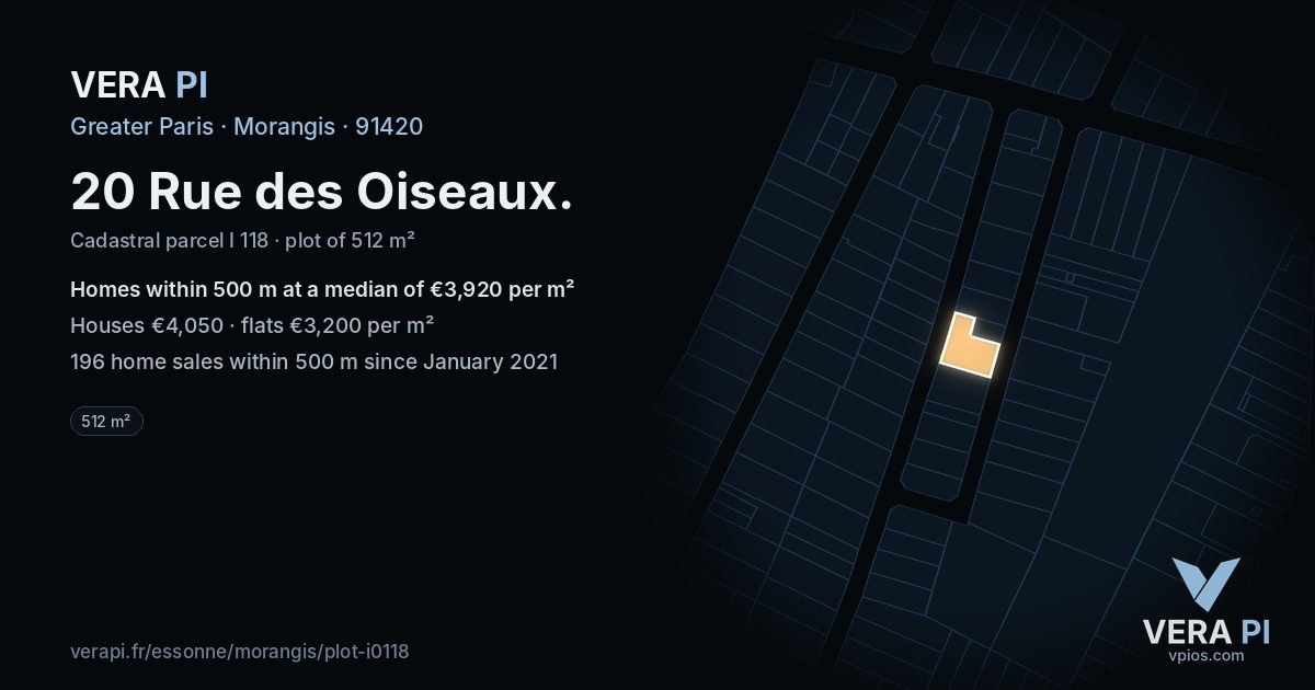 20 Rue des Oiseaux, Morangis at night – the plot lit, the parcels around coloured by the prices near them