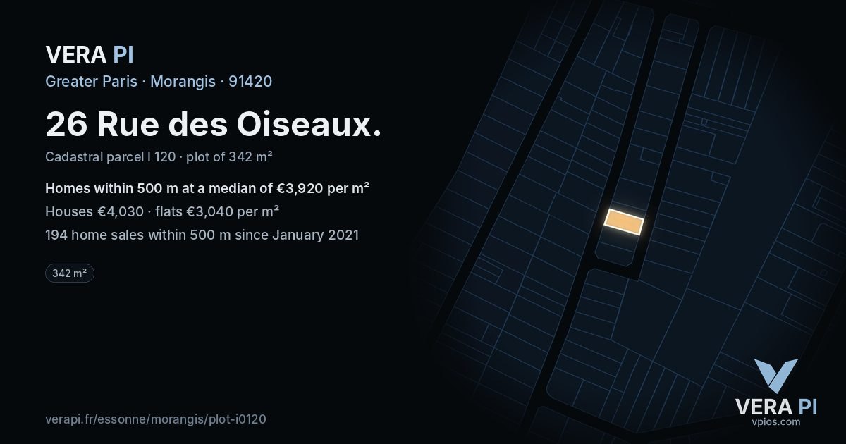 26 Rue des Oiseaux, Morangis at night – the plot lit, the parcels around coloured by the prices near them