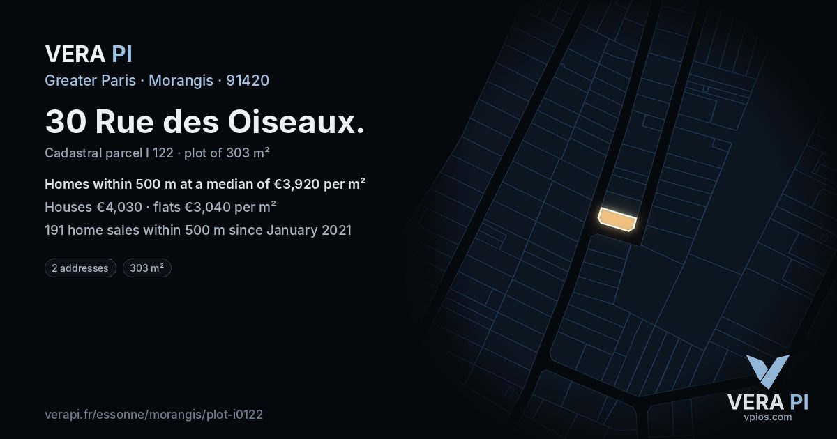 30 Rue des Oiseaux, Morangis at night – the plot lit, the parcels around coloured by the prices near them