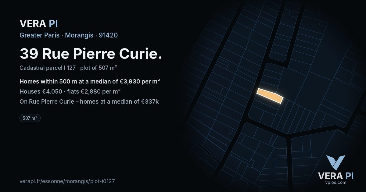 39 Rue Pierre Curie, Morangis at night – the plot lit, the parcels around coloured by the prices near them