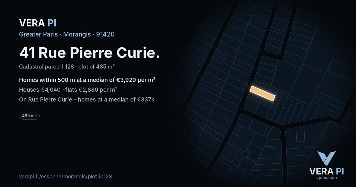 41 Rue Pierre Curie, Morangis at night – the plot lit, the parcels around coloured by the prices near them