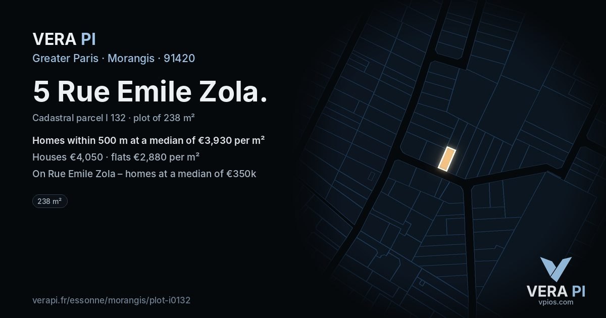 5 Rue Emile Zola, Morangis at night – the plot lit, the parcels around coloured by the prices near them