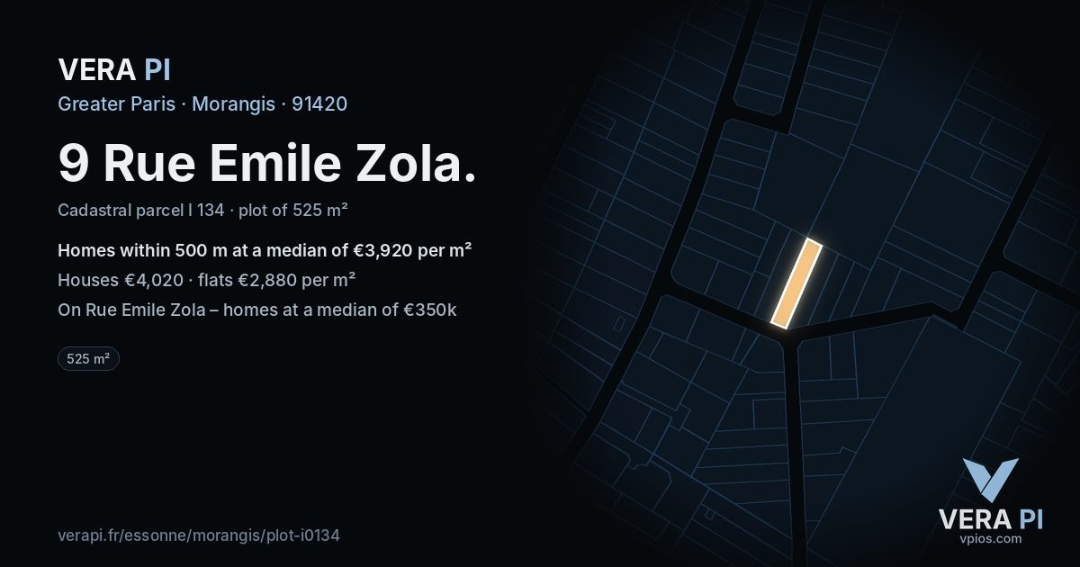 9 Rue Emile Zola, Morangis at night – the plot lit, the parcels around coloured by the prices near them