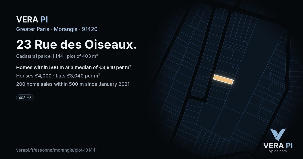 23 Rue des Oiseaux, Morangis at night – the plot lit, the parcels around coloured by the prices near them
