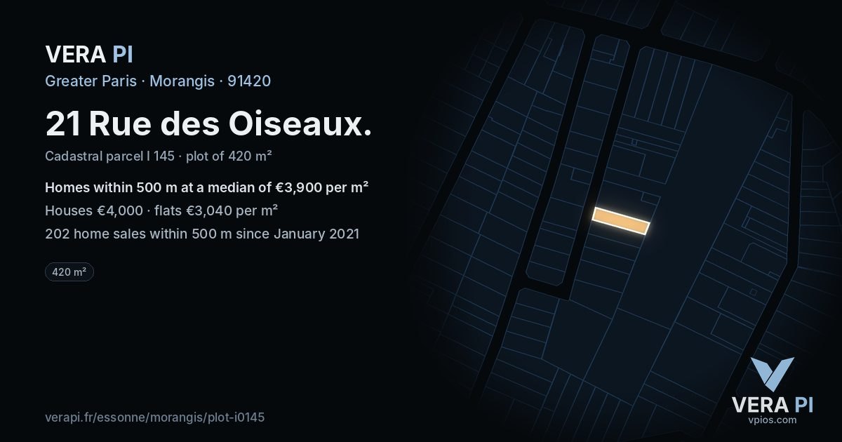 21 Rue des Oiseaux, Morangis at night – the plot lit, the parcels around coloured by the prices near them