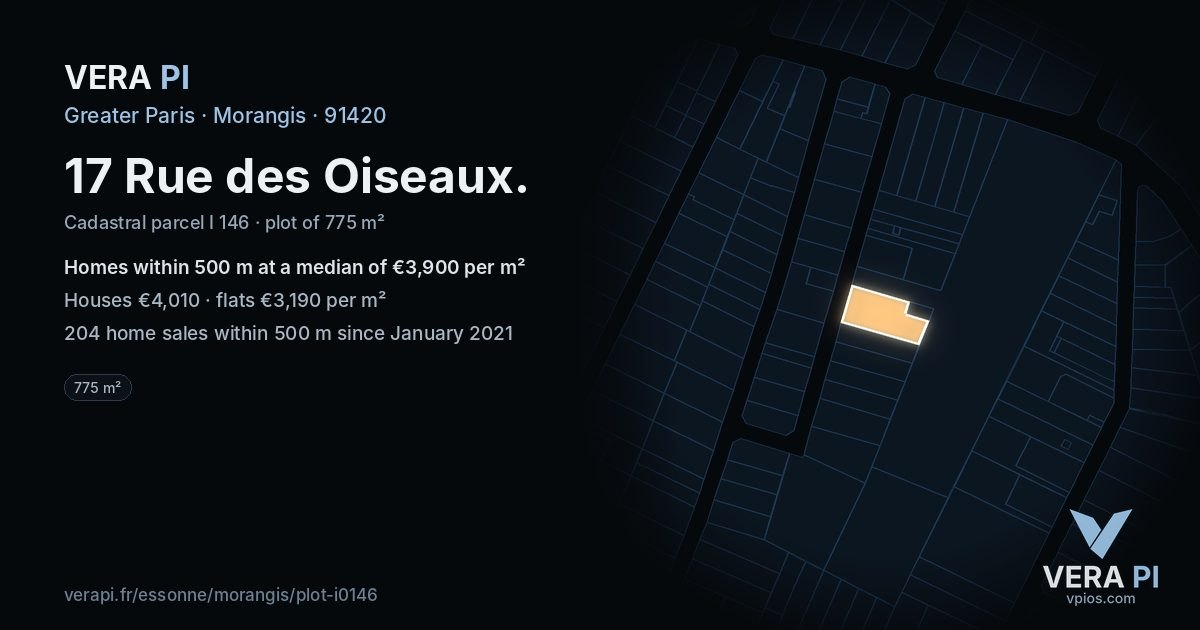 17 Rue des Oiseaux, Morangis at night – the plot lit, the parcels around coloured by the prices near them