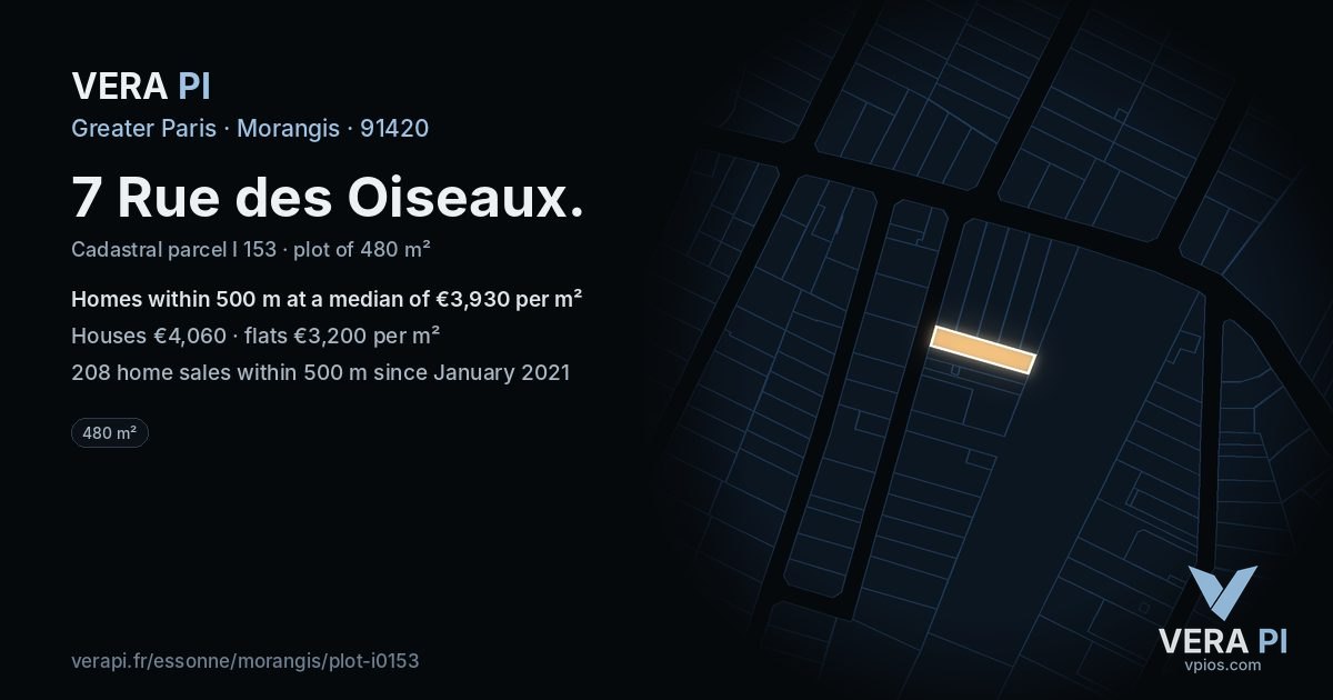 7 Rue des Oiseaux, Morangis at night – the plot lit, the parcels around coloured by the prices near them
