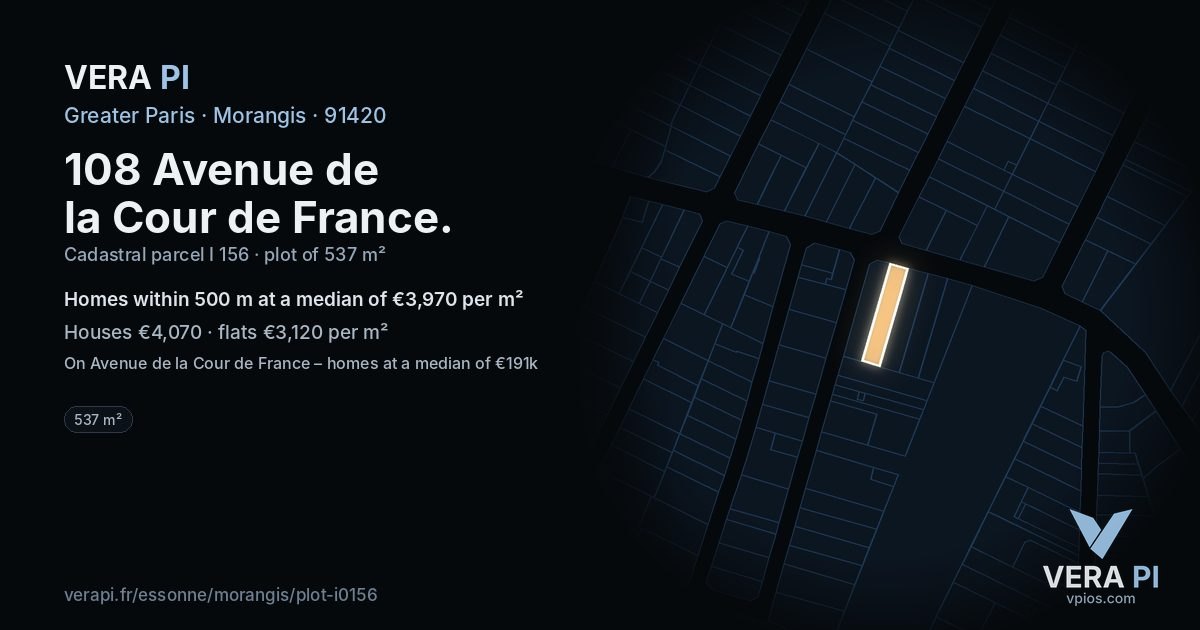 108 Avenue de la Cour de France, Morangis at night – the plot lit, the parcels around coloured by the prices near them