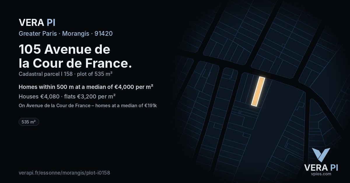 105 Avenue de la Cour de France, Morangis at night – the plot lit, the parcels around coloured by the prices near them