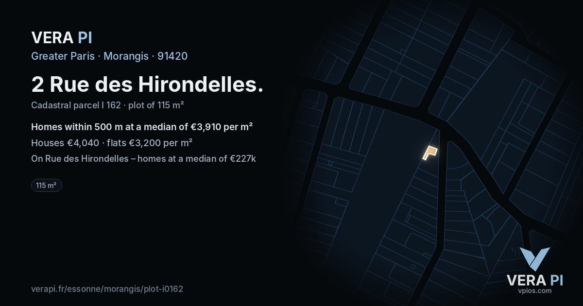 2 Rue des Hirondelles, Morangis at night – the plot lit, the parcels around coloured by the prices near them
