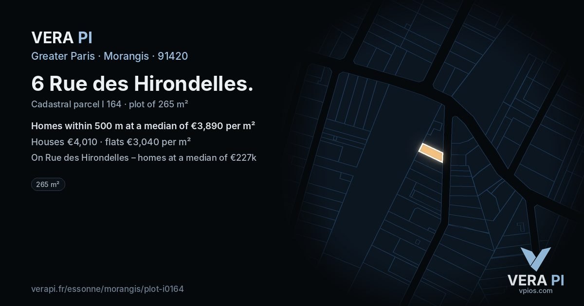 6 Rue des Hirondelles, Morangis at night – the plot lit, the parcels around coloured by the prices near them