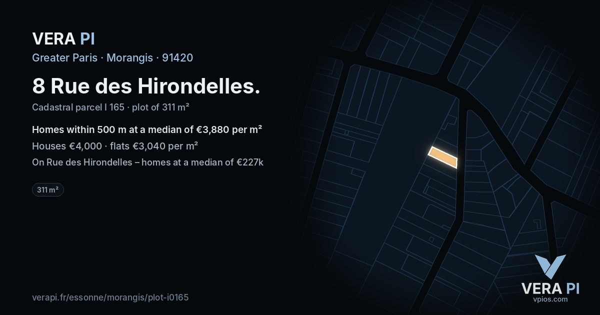 8 Rue des Hirondelles, Morangis at night – the plot lit, the parcels around coloured by the prices near them