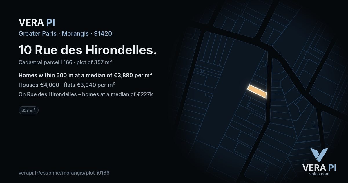 10 Rue des Hirondelles, Morangis at night – the plot lit, the parcels around coloured by the prices near them