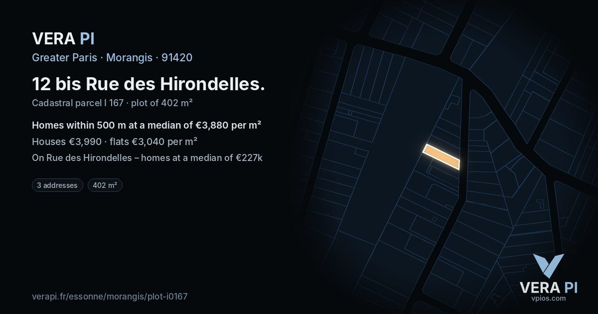 12 bis Rue des Hirondelles, Morangis at night – the plot lit, the parcels around coloured by the prices near them