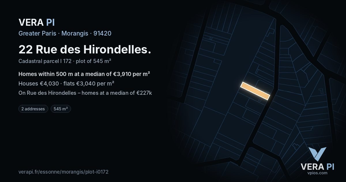 22 Rue des Hirondelles, Morangis at night – the plot lit, the parcels around coloured by the prices near them