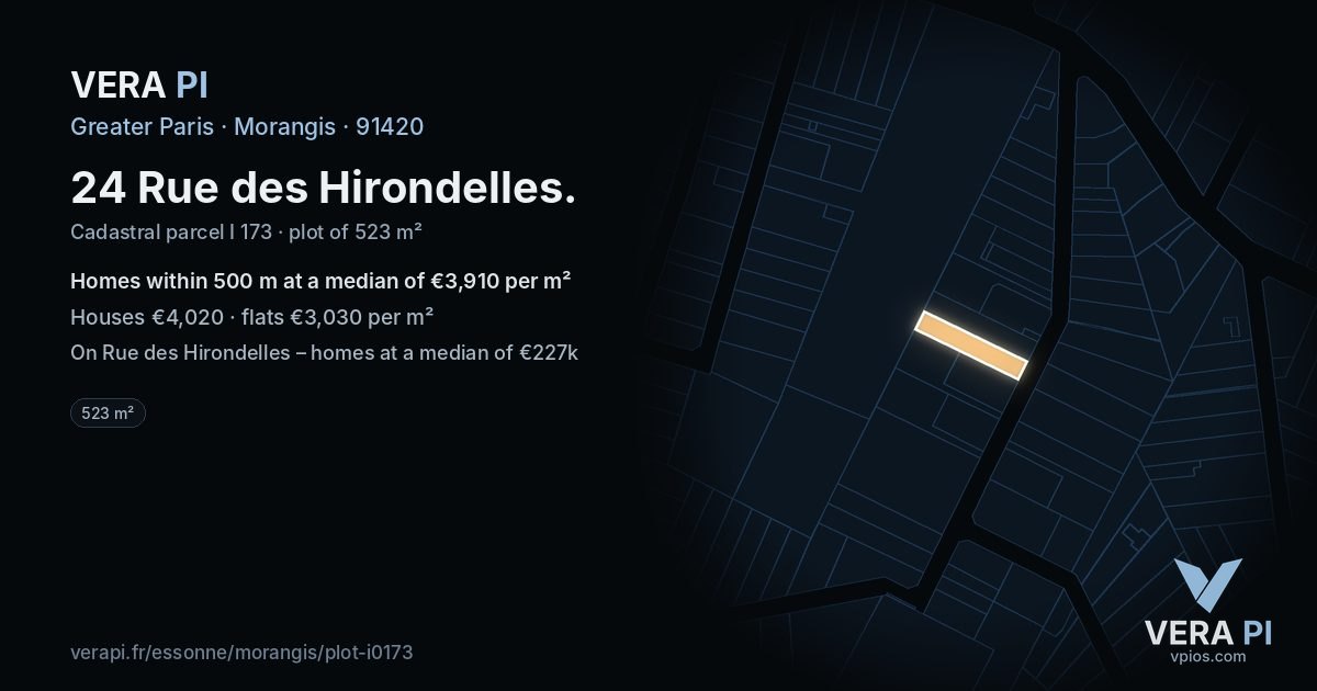 24 Rue des Hirondelles, Morangis at night – the plot lit, the parcels around coloured by the prices near them