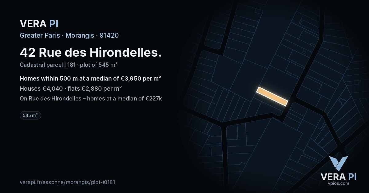 42 Rue des Hirondelles, Morangis at night – the plot lit, the parcels around coloured by the prices near them
